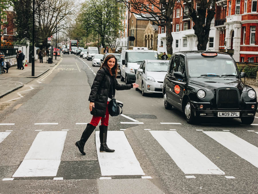 Annette White walking across Abbey Road in London