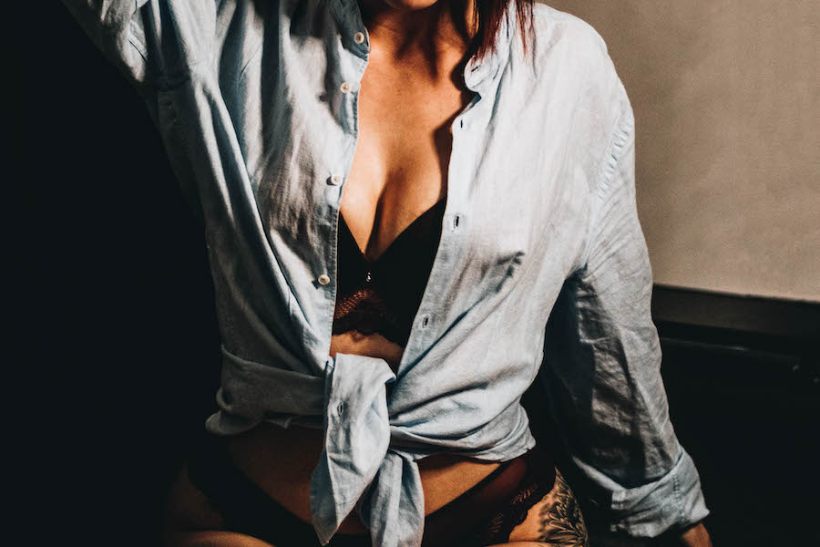 Comfy black bra covered with a denim shirt