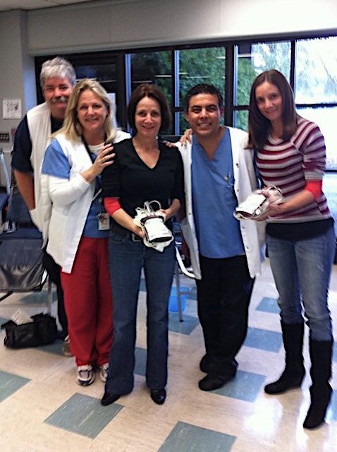 showing blood pouches after giving blood