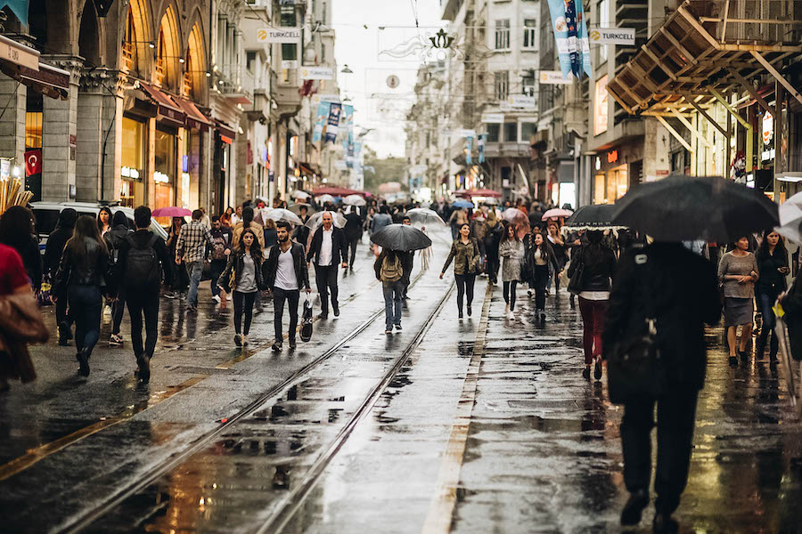 Movie extras walking the streets